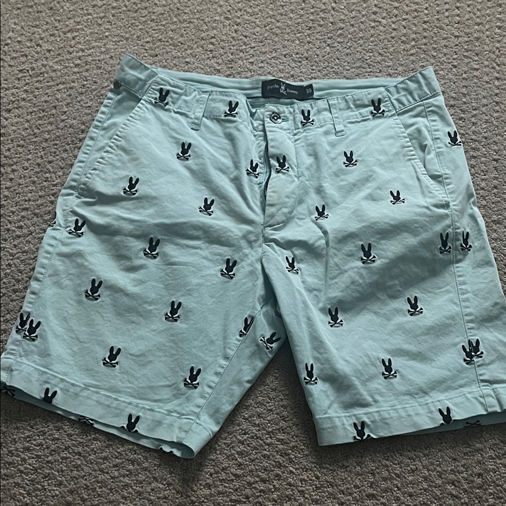 Psycho Bunny Light Green Shorts with Black Bunny Pattern